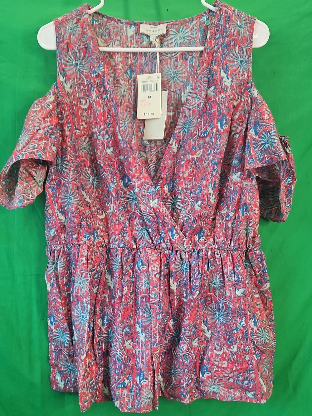 Lucky Brand Pink and Blue Floral Cold-Shoulder Blouse